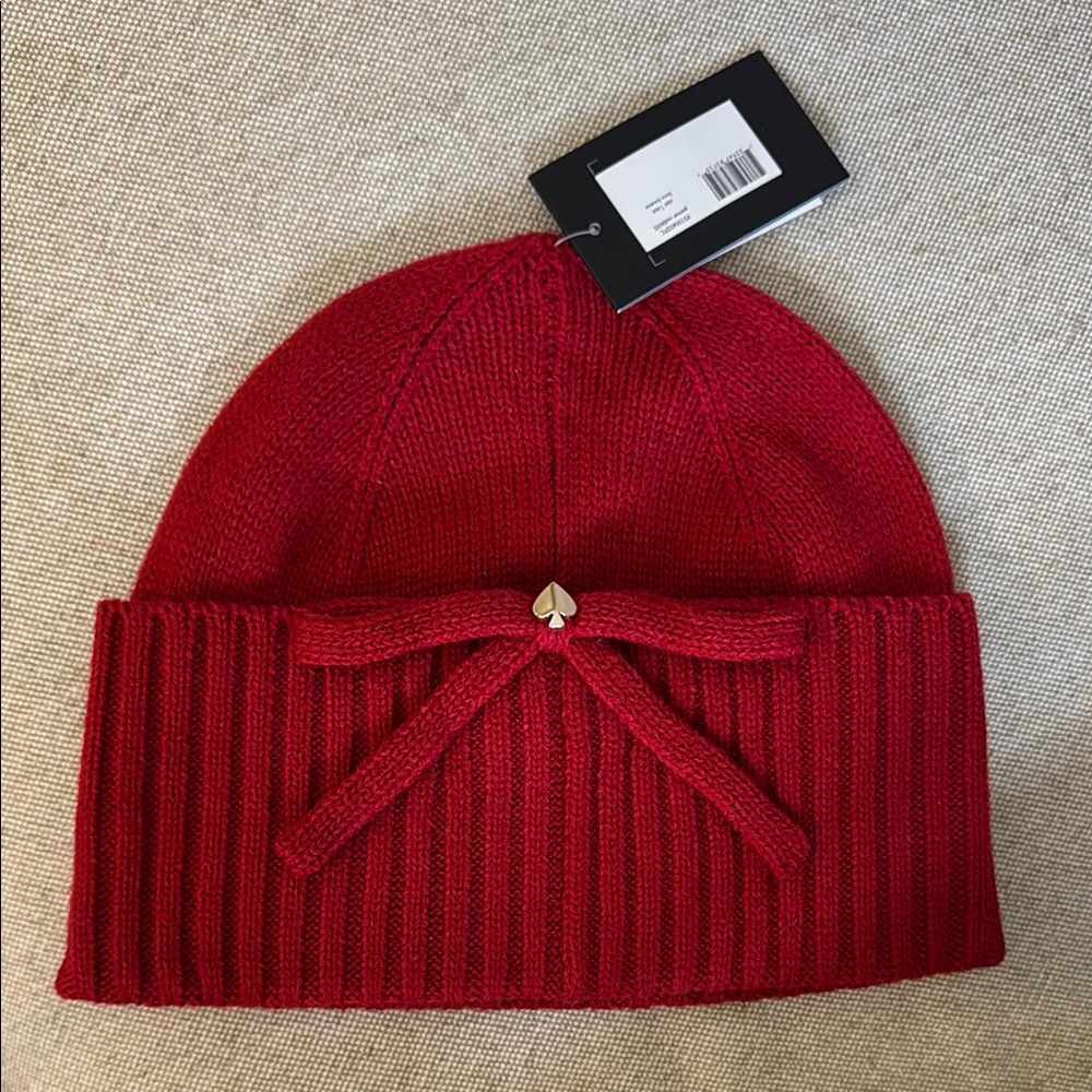 NWT Kate Spade Red Knit Beanie with Bow Accent